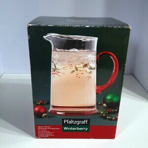 Pfaltzgraff Winterberry Pitcher Holly Etched Hand Painted Glass 2.5 Qt.